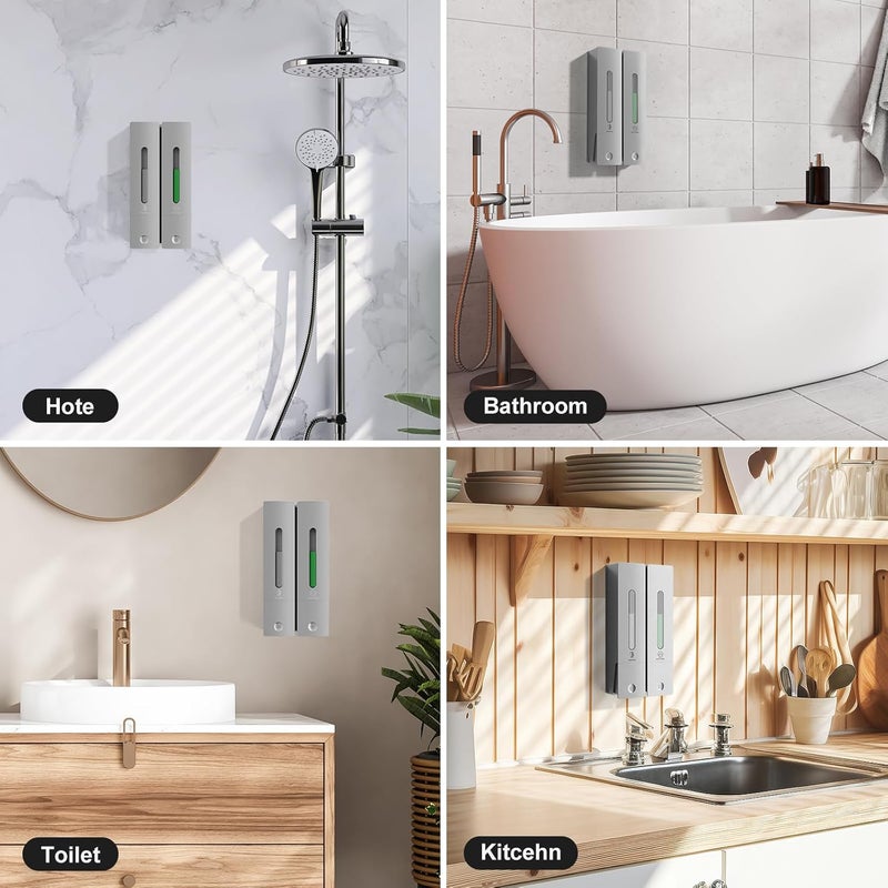 Aeakey Shampoo and Conditioner Dispenser 2-Chamber Wall-Mounted Shower Soap Dispenser, No-Drill Installation, 800ML Capacity, Ideal for Bathrooms and Hotels (Silver) - Image 3